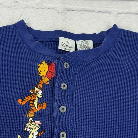 VTG Disney‎ Store Waffle Knit Henley L Blue Winnie The Pooh Tigger Rabbit Piglet - Picture 8 of 16